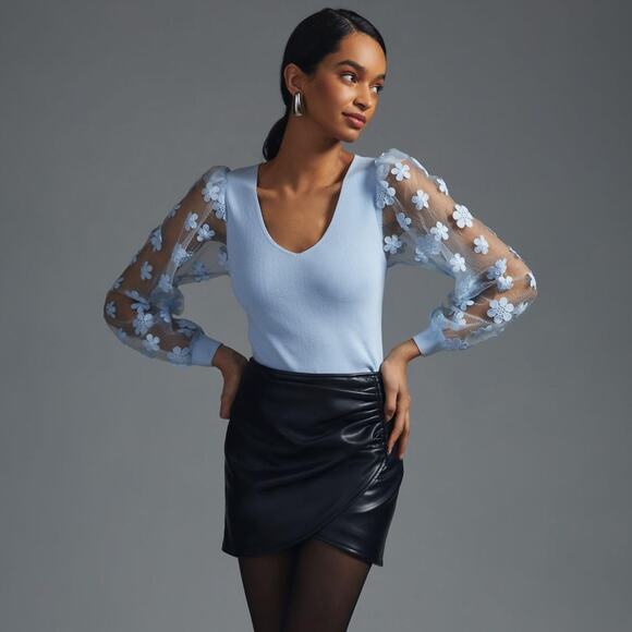 ANTHROPOLOGIE x DOLAN Sheer-Sleeve Appliqué Sweater Sky Blue {D15}